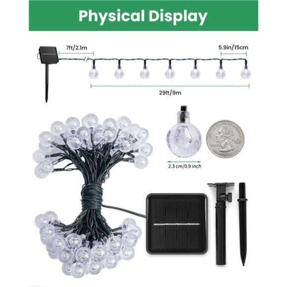 Solar String Lights Outdoor 60 Led 35.6Feet Crystal Globe Lights with 8 Lighting - Picture 2 of 7